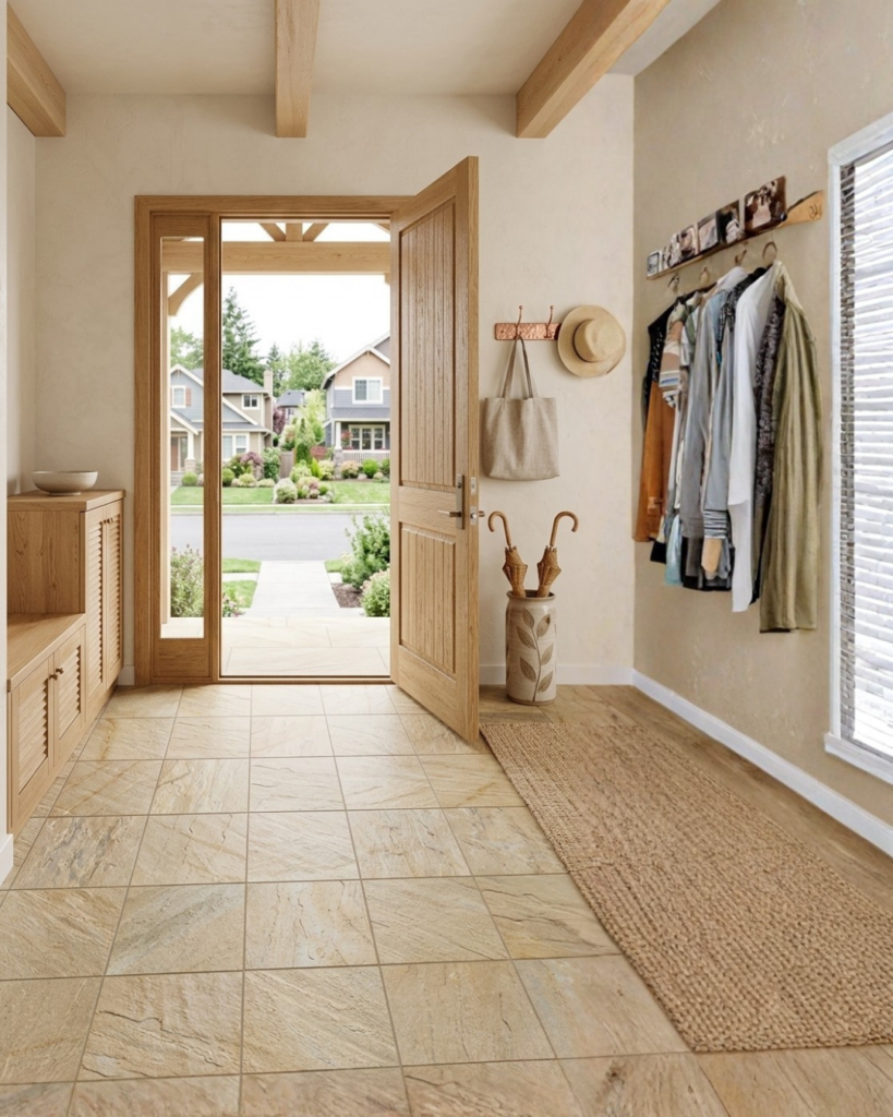 石目模様が高級感あるベージュ系ナチュラル玄関タイル