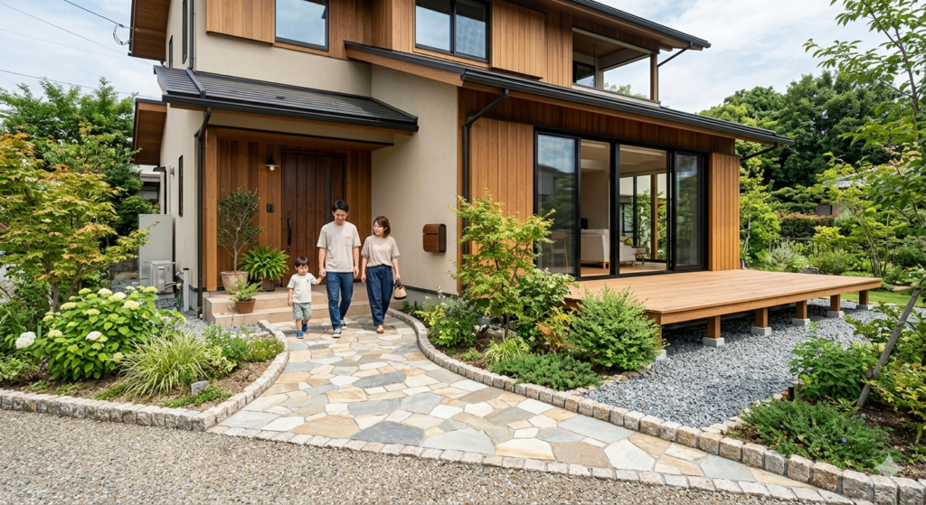 乱形石のアプローチはピンコロ石で縁取ったナチュラルな玄関デザイン