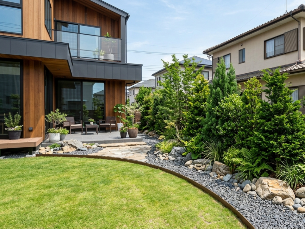 大小さまざまな石を配置した目隠しの植栽