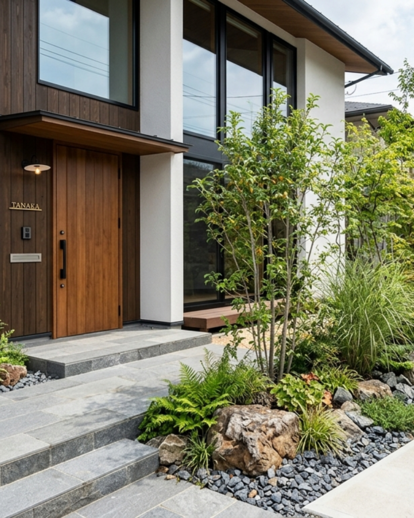 駐車場と玄関前の仕切りにした砂利とロックで作ったロックガーデン