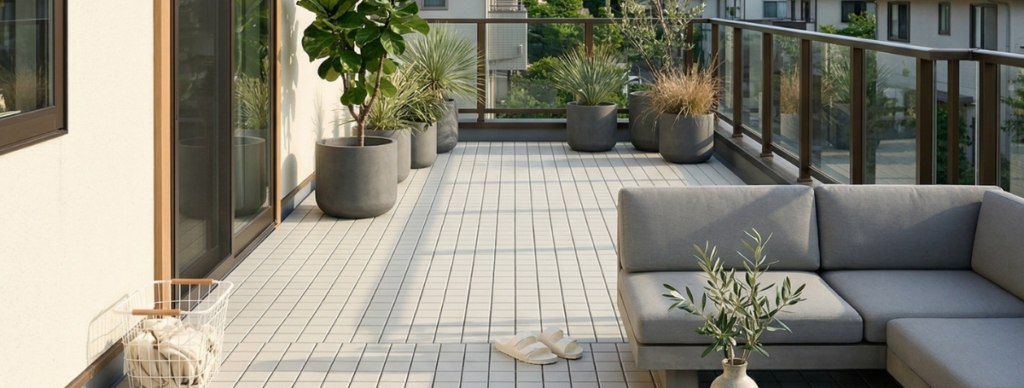 ベランダに敷いた軽量のジョイントタイル