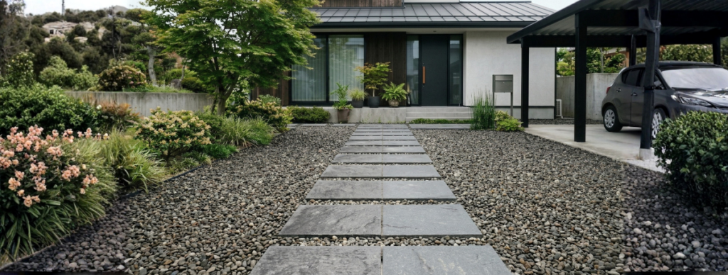 砂利で雑草対策をした玄関アプローチ