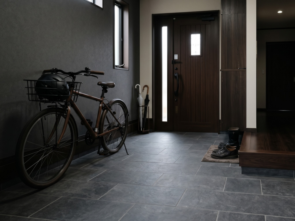 濃いグレーの床タイルで暗い印象になってしまった玄関