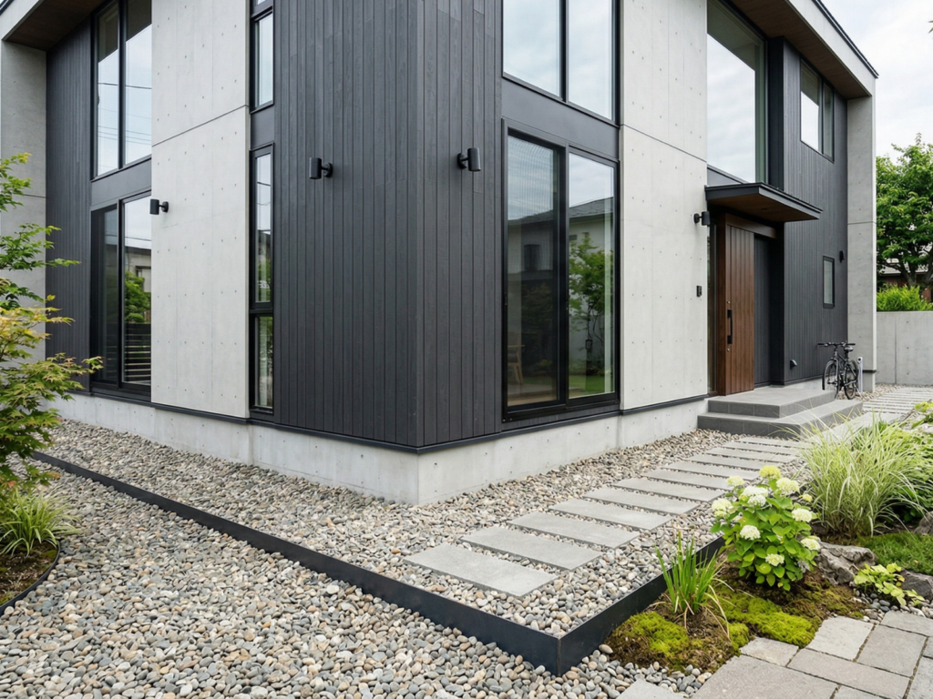 犬走をグレーの砂利で埋めたモダンな家