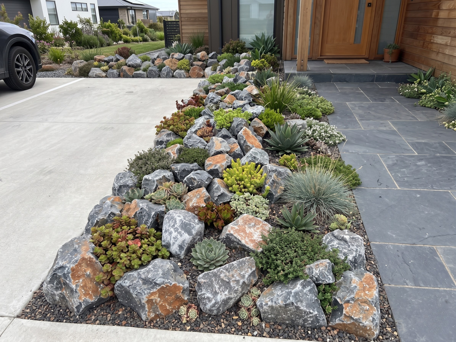 玄関と駐車場を仕切るロックガーデン