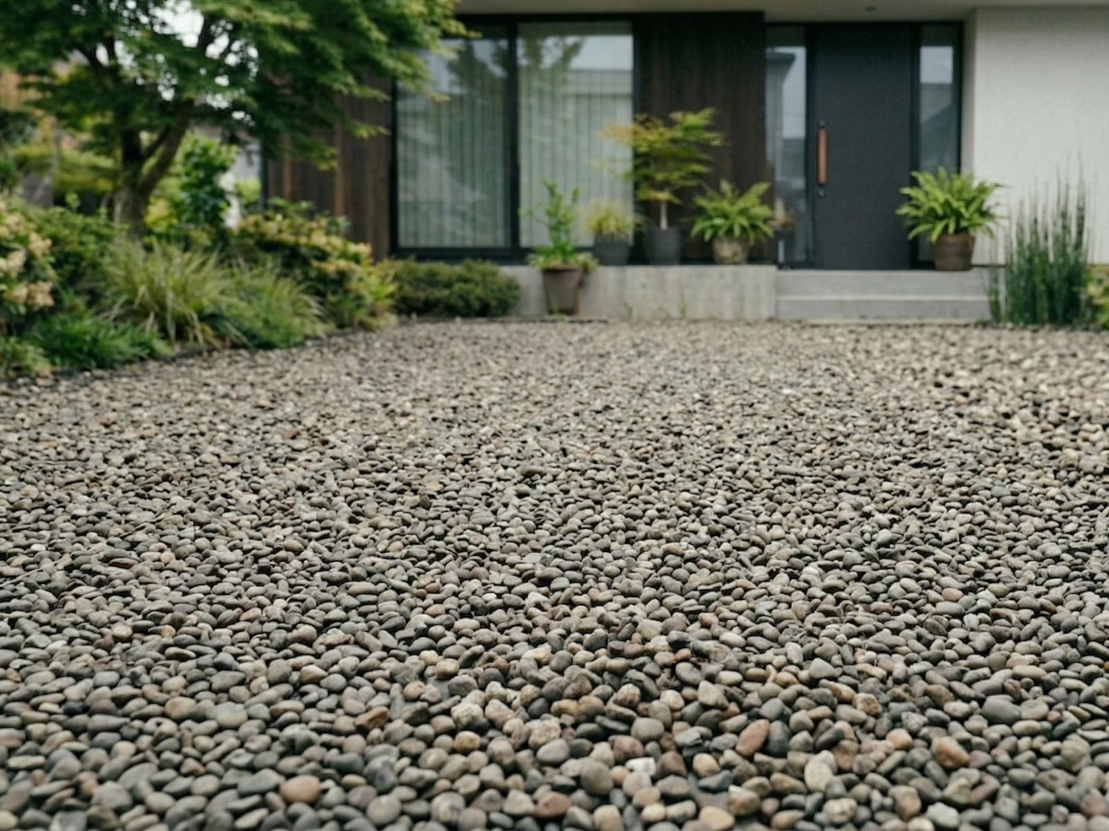 厚みを持たせてたっぷりと入れた砂利の庭