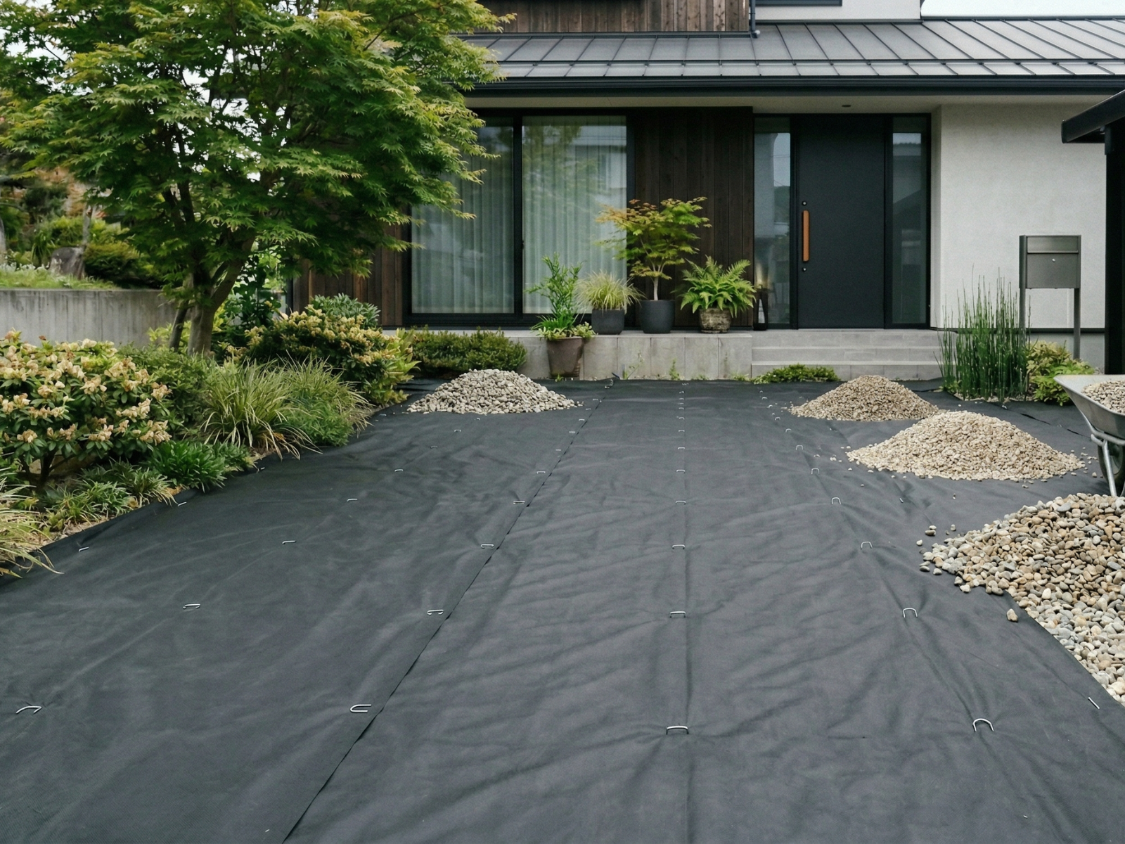 防草シートの上に砂利を設置して準備が整った図