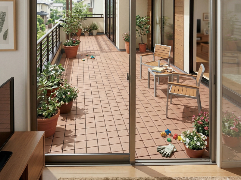 超軽量の樹脂タイプジョイントタイルでテラコッタ調のベランダ