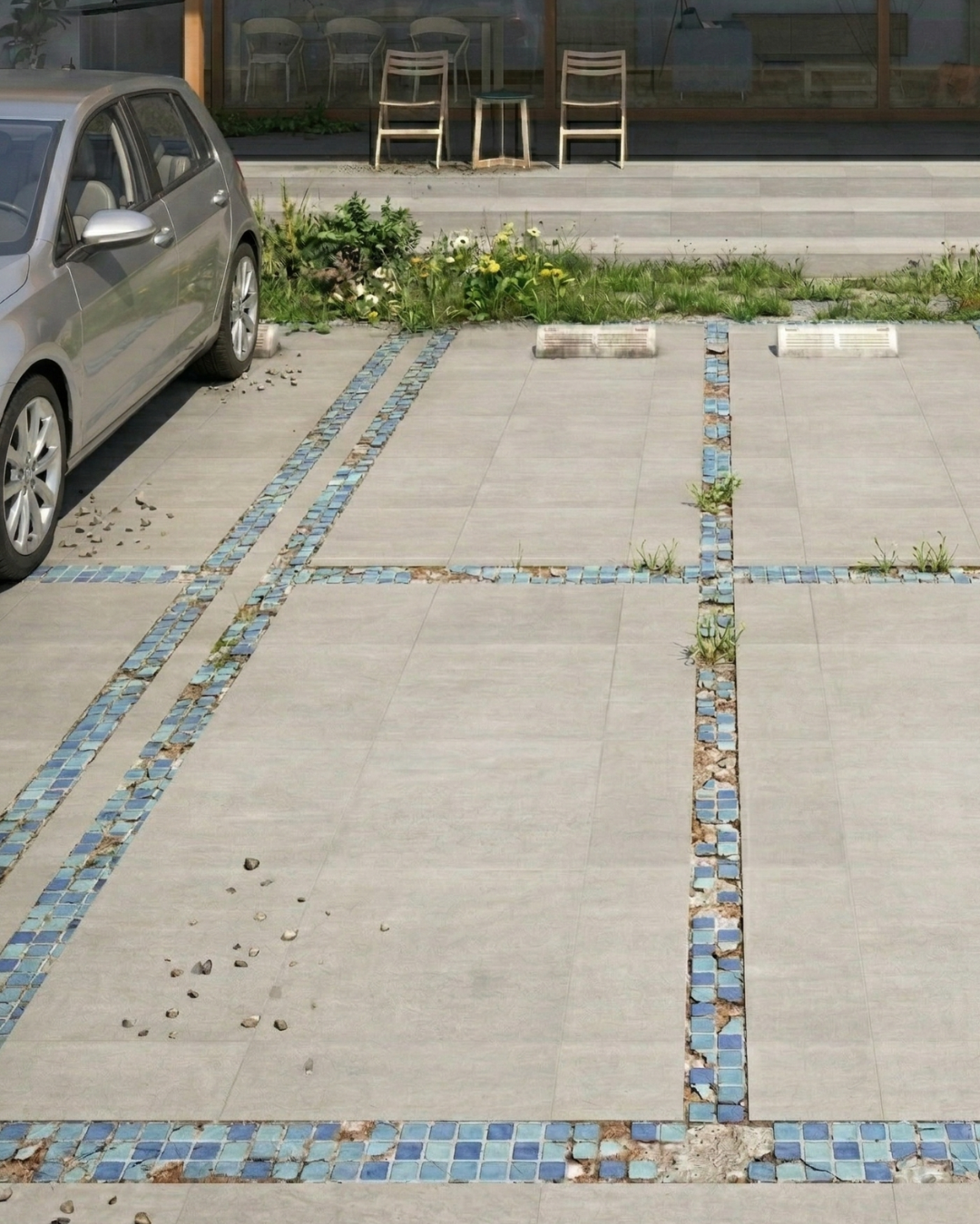 アクセントに使用したタイルが剥がれた駐車場