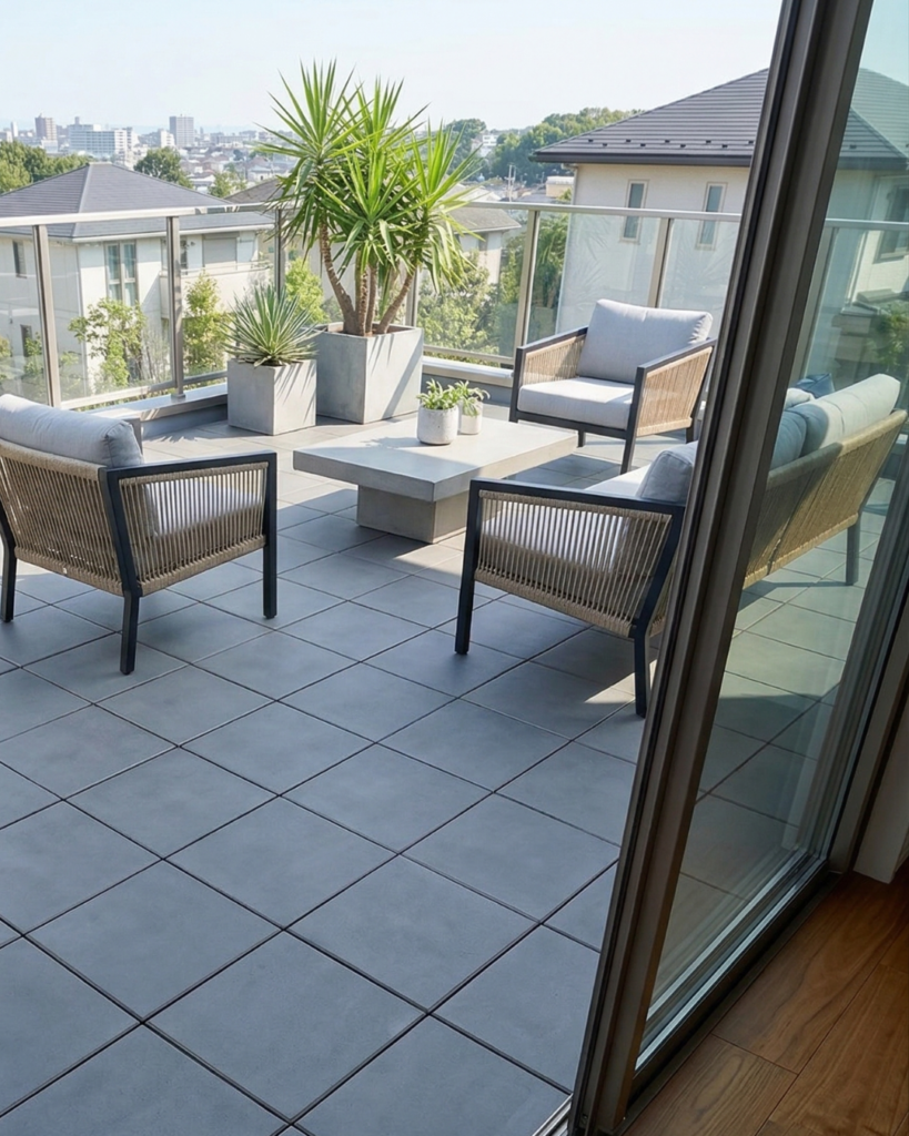 高級感あるグレーの本物タイルのジョイントタイルで仕上げたベランダ