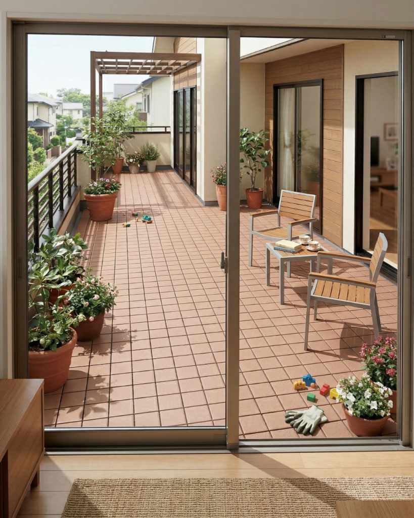 かわいいテラコッタ調のジョイントタイル㋾敷いたベランダ