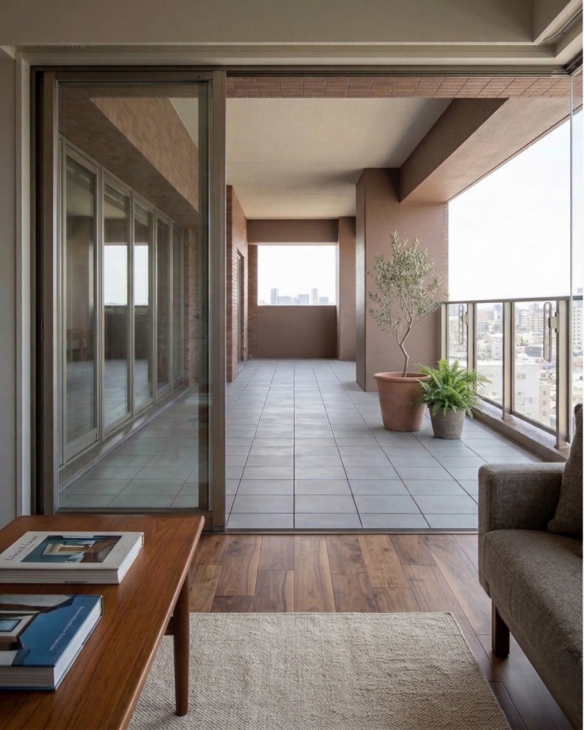 落着きあるタイルのジョイントタイルで仕上げたベランダ