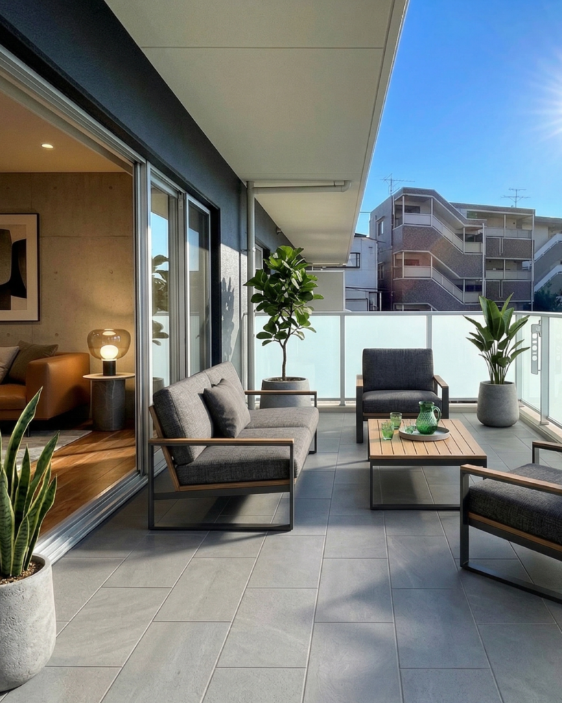 高級感ある磁器質タイルのジョイントタイルで仕上げたベランダ