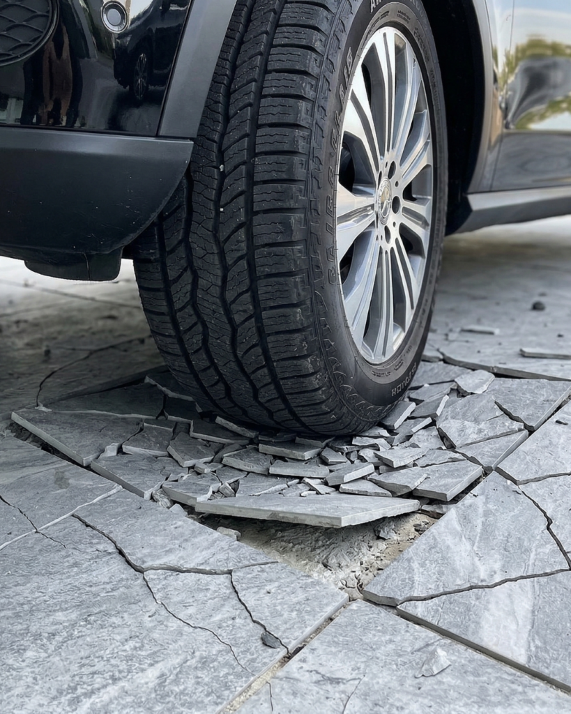 玄関用のタイルを使用したために車が乗って割れたタイル