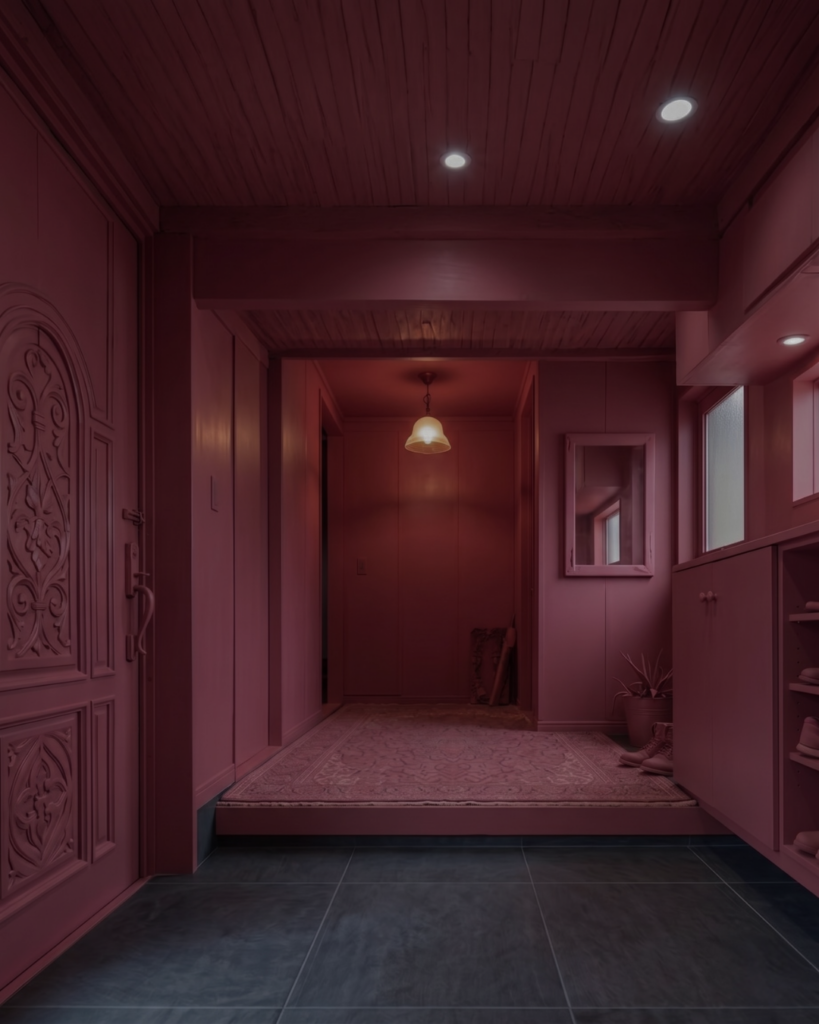 ピンクの内装とグレーの床タイル