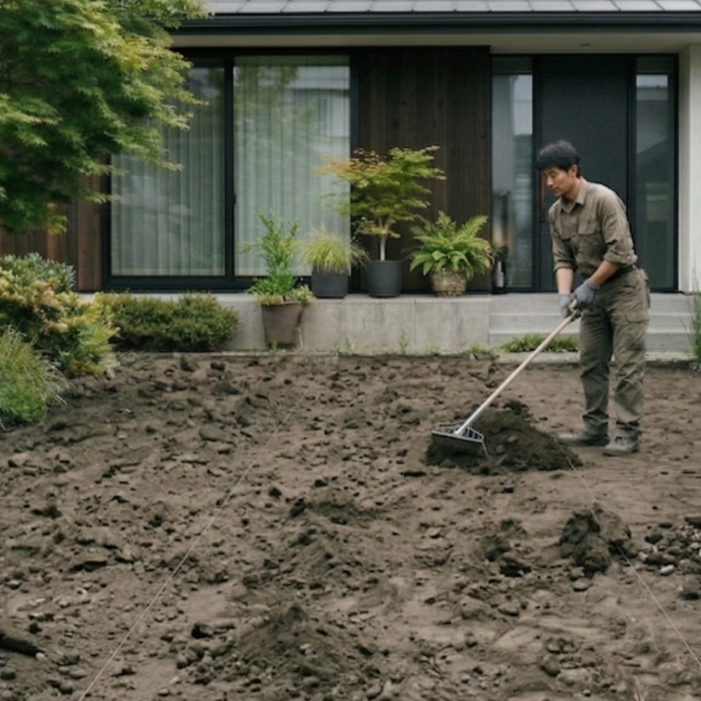 凸凹になった地面をレーキで平坦にしている