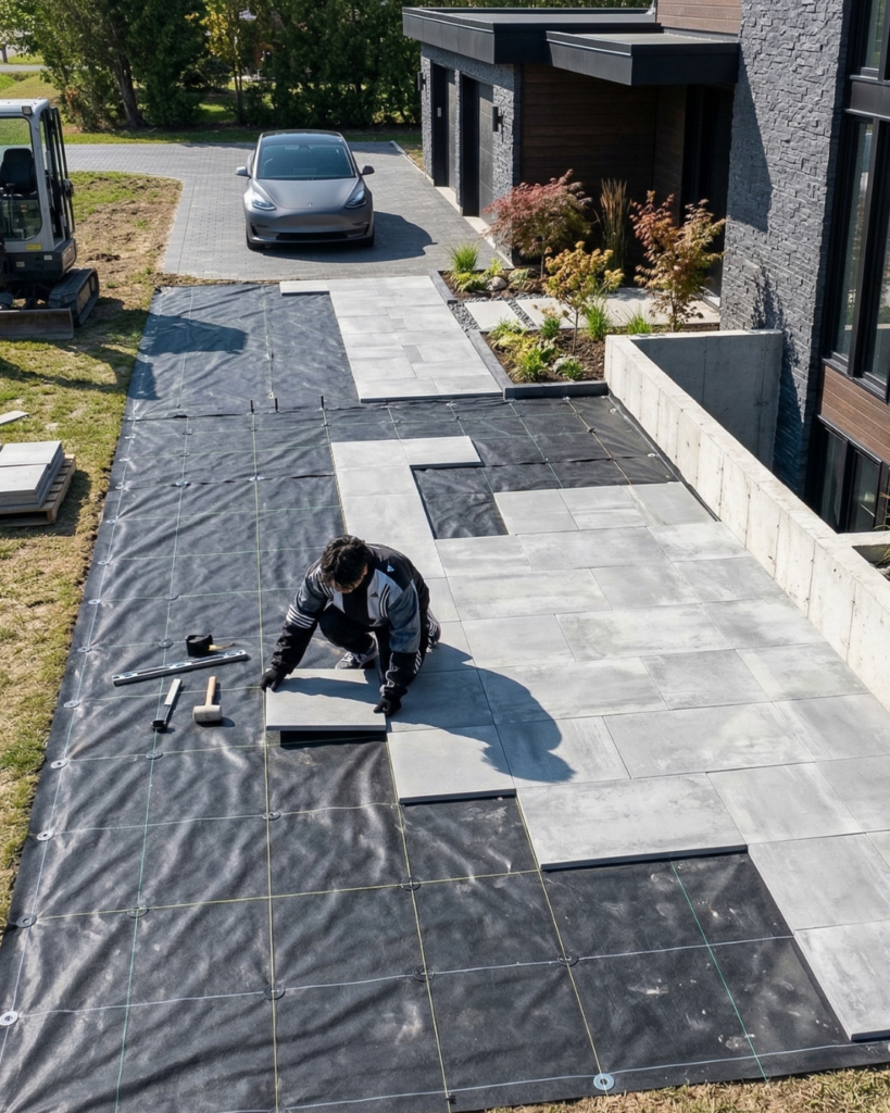 土の上に置くだけで仕上げる置きタイルの施工