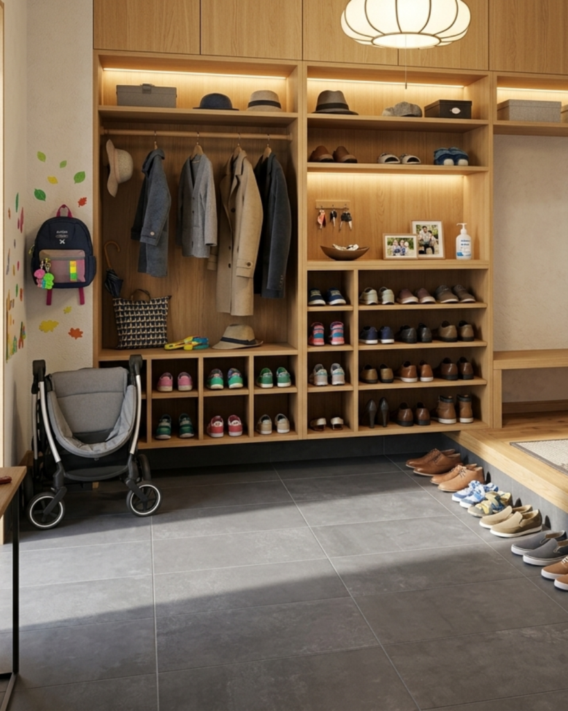 光が当たる暖かな玄関床グレーのタイル