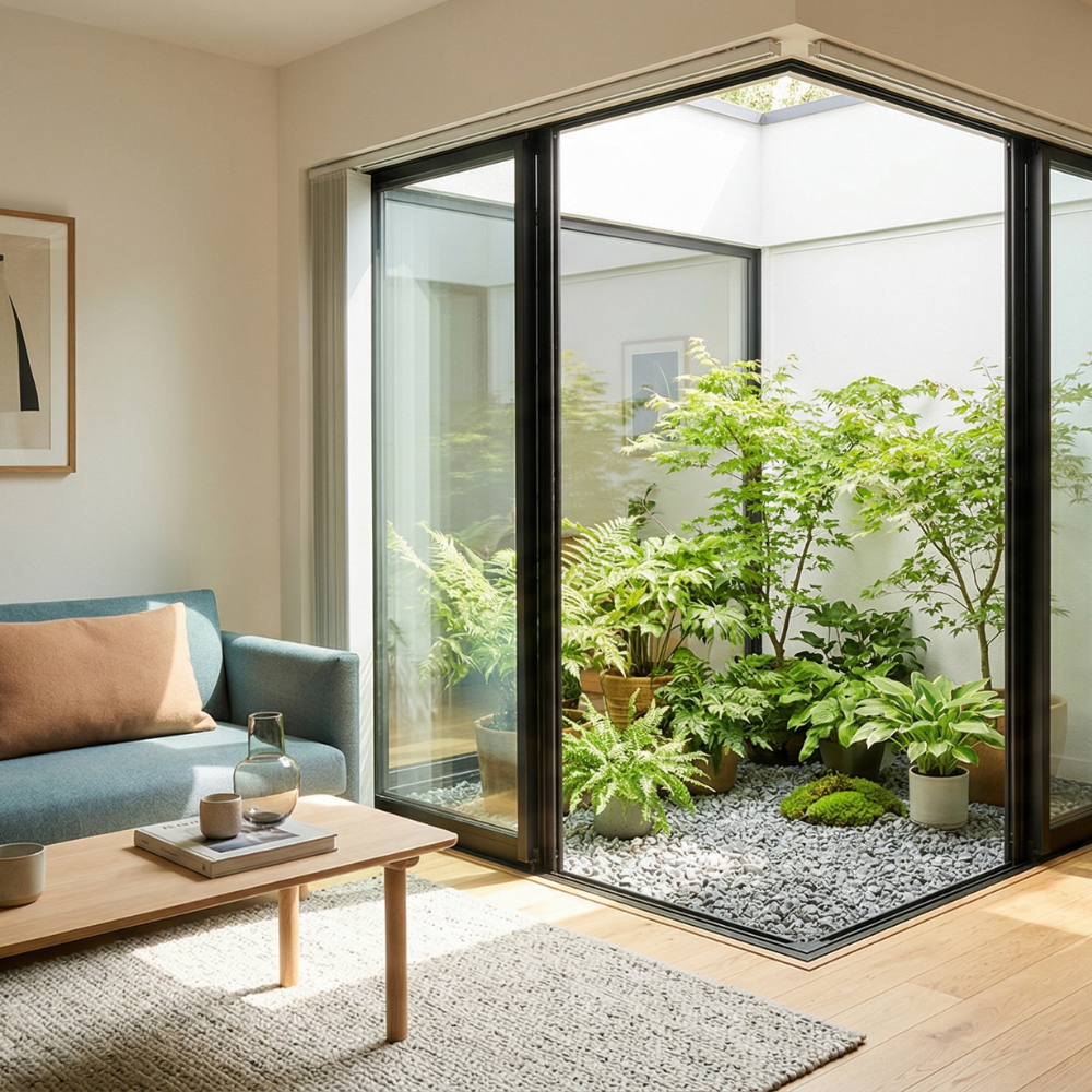 インナーバルコニーに砂利と植物を取り入れたリゾート風なリビング