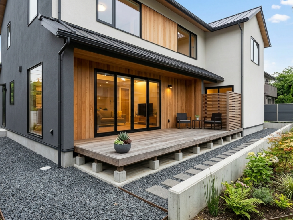 縁側と犬走をグレーの砂利で埋めた戸建ての家
