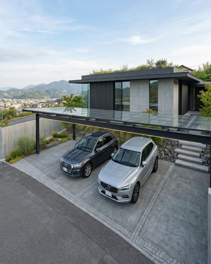 グレーのモダンな戸建て駐車場