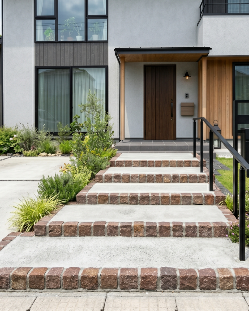 階段のエッジにピンコロ石を使った戸建ての家