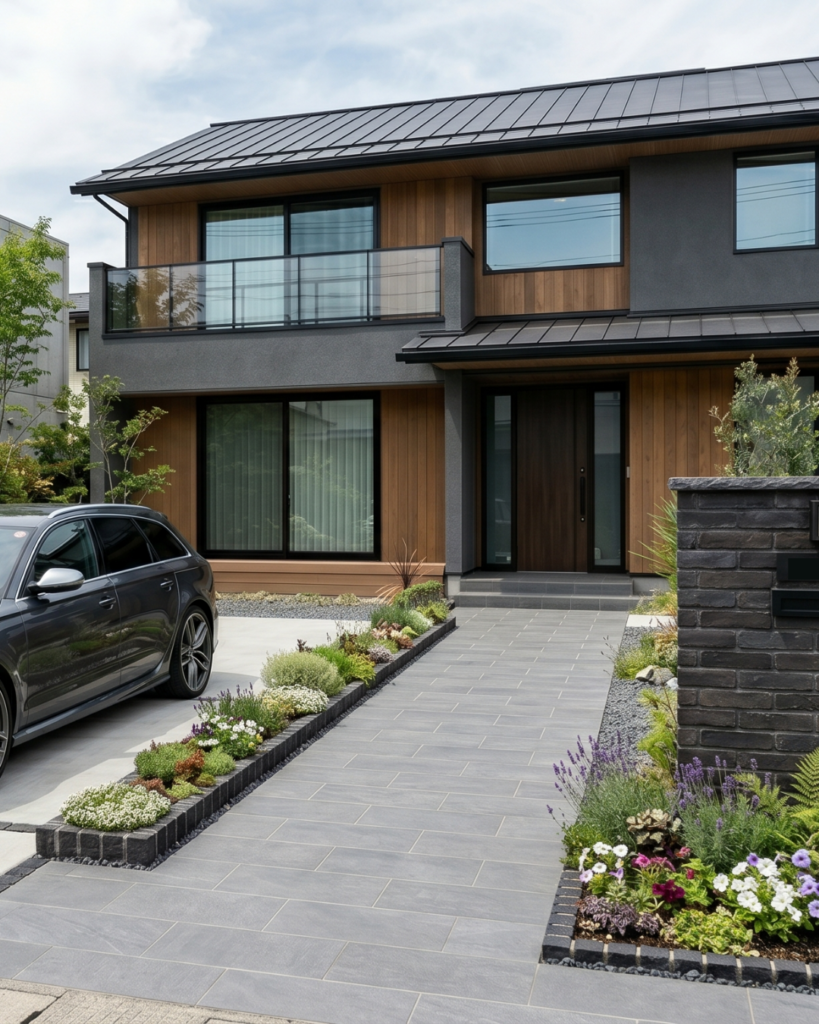 駐車場とアプローチの仕切りに使ったピンコロ石の花壇