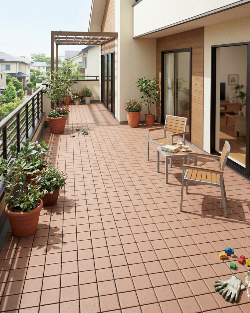 超軽量の樹脂製ジョイントタイルでテラコッタ調のベランダ