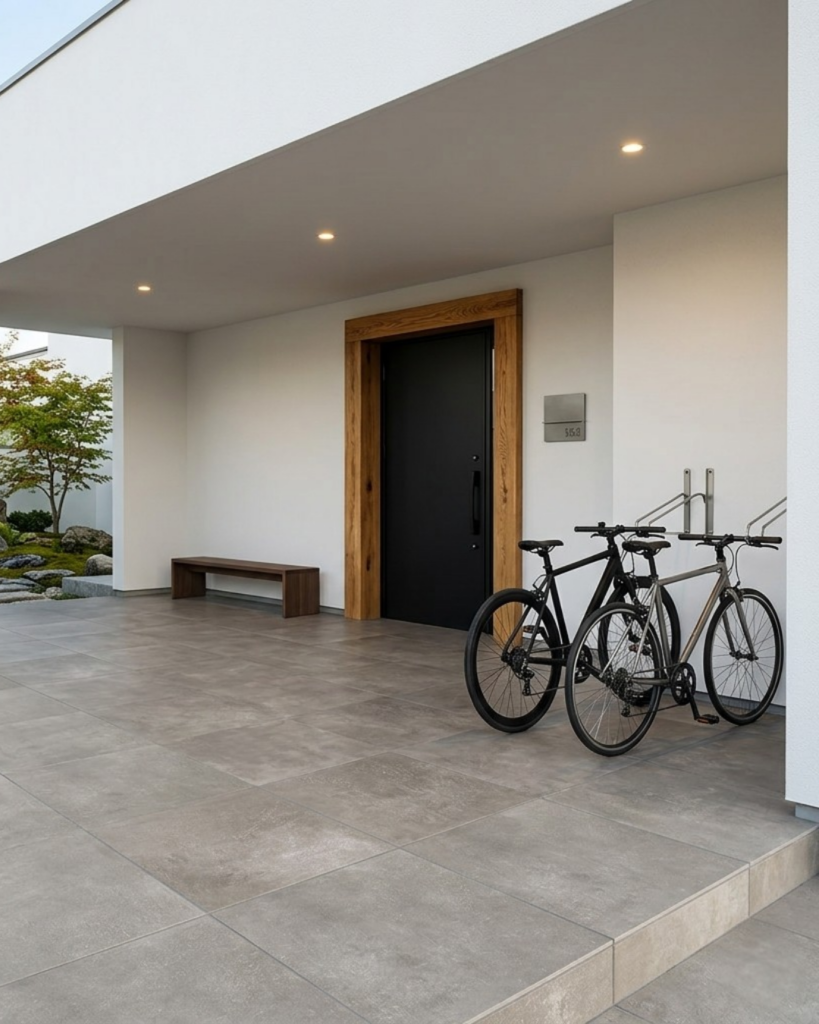 グレーの床タイルを使った玄関ポーチ