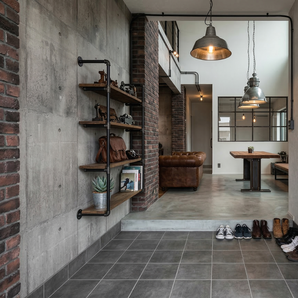 グレーの床タイルを使ったインダストリアルな玄関