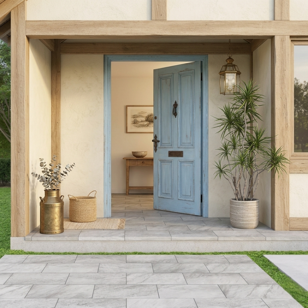 石目模様の入ったグレーの玄関床タイル