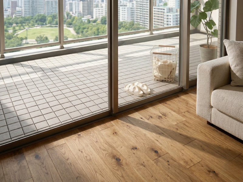 ベージュのジョイントタイルを敷いたテラス