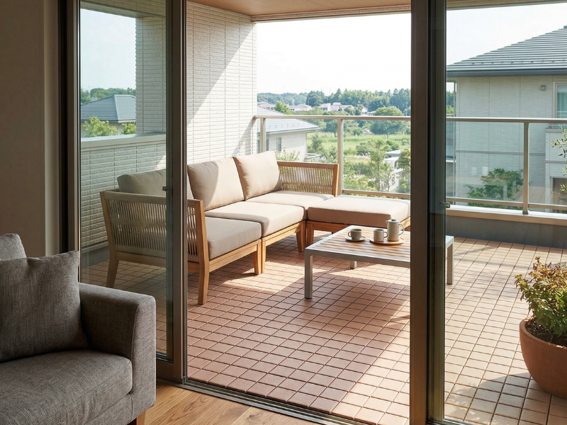 かわいいテラコッタ調のジョイントタイル㋾敷いたベランダ