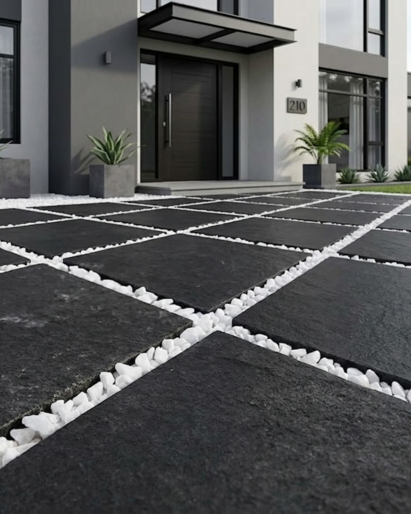 黒いタイルの目地に白い砂利を使ったアプローチ
