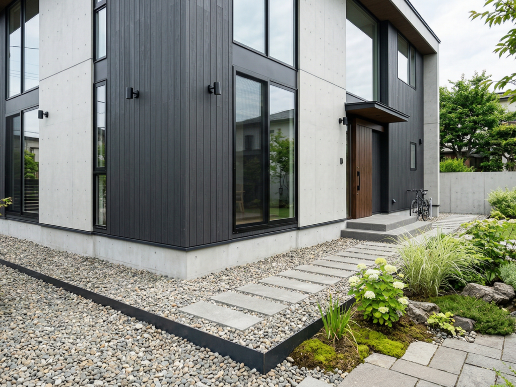 砂利で作られた犬走とシンプルモダンな家