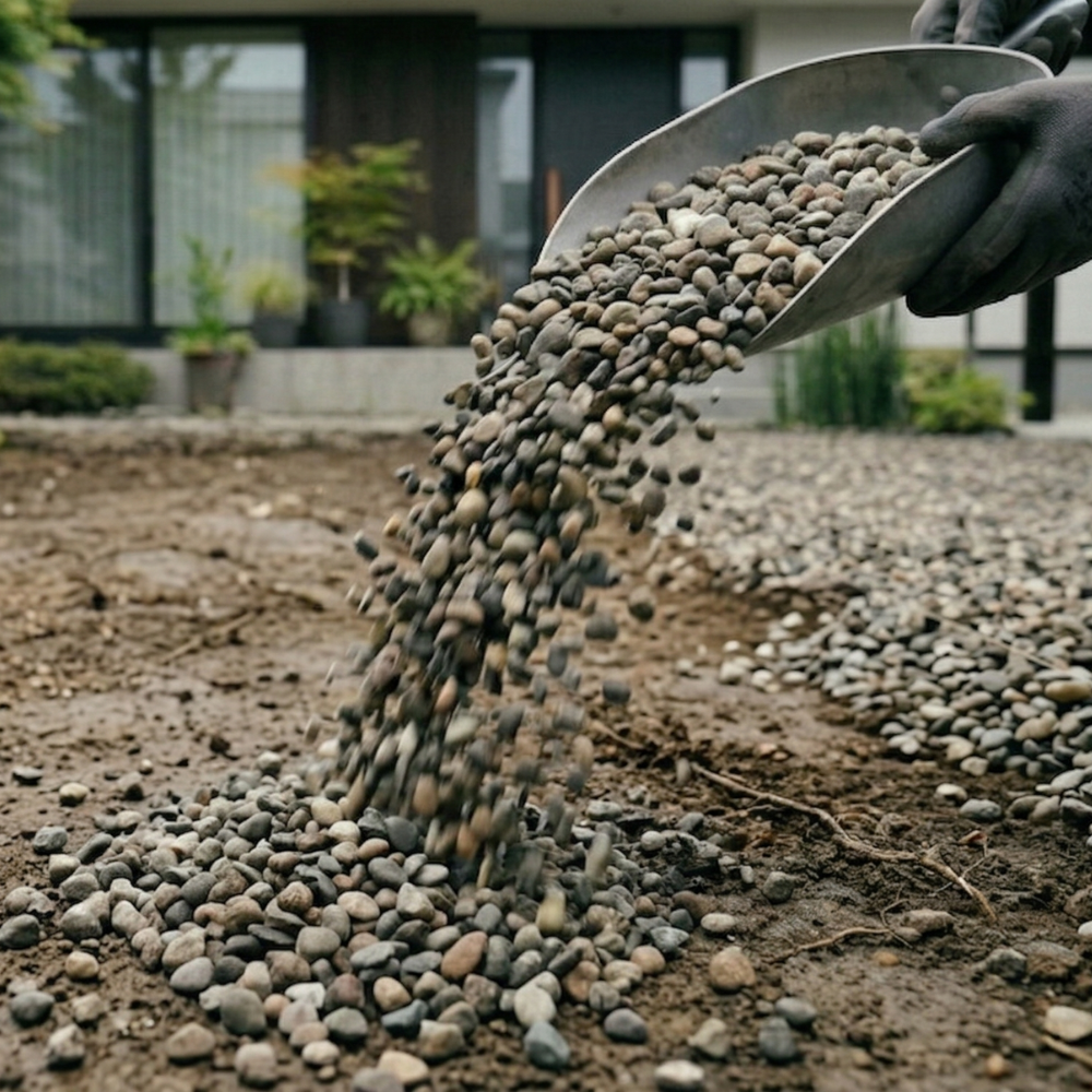 防草シートを使わずに砂利を投入している