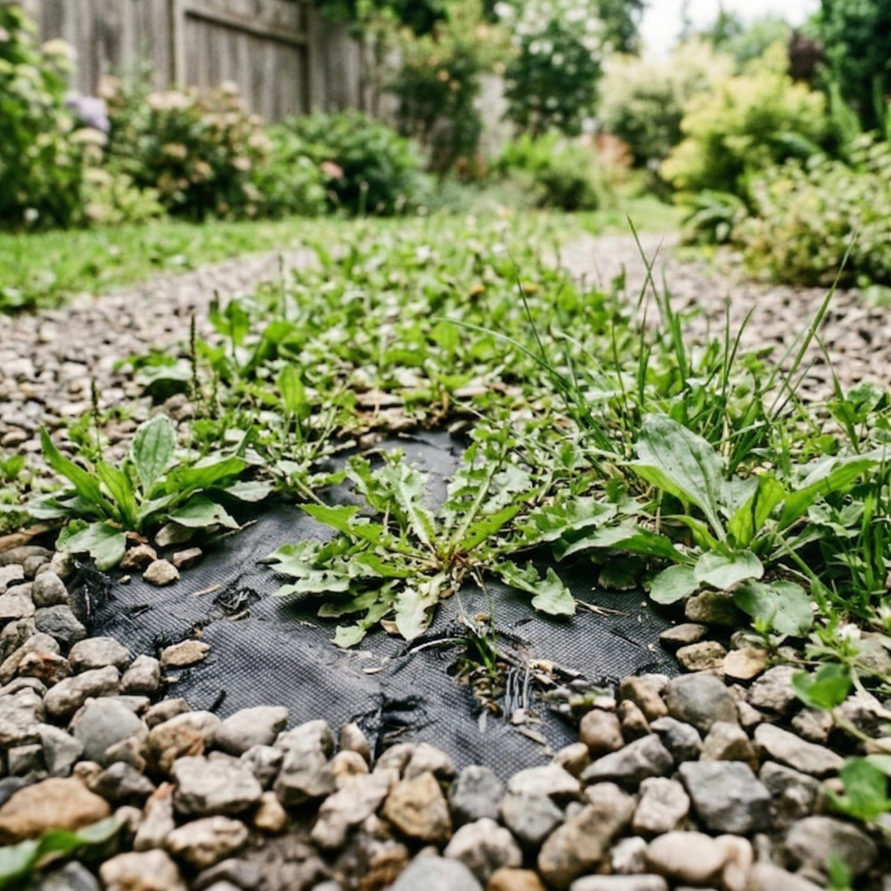 安価な防草シートのため雑草が生えている