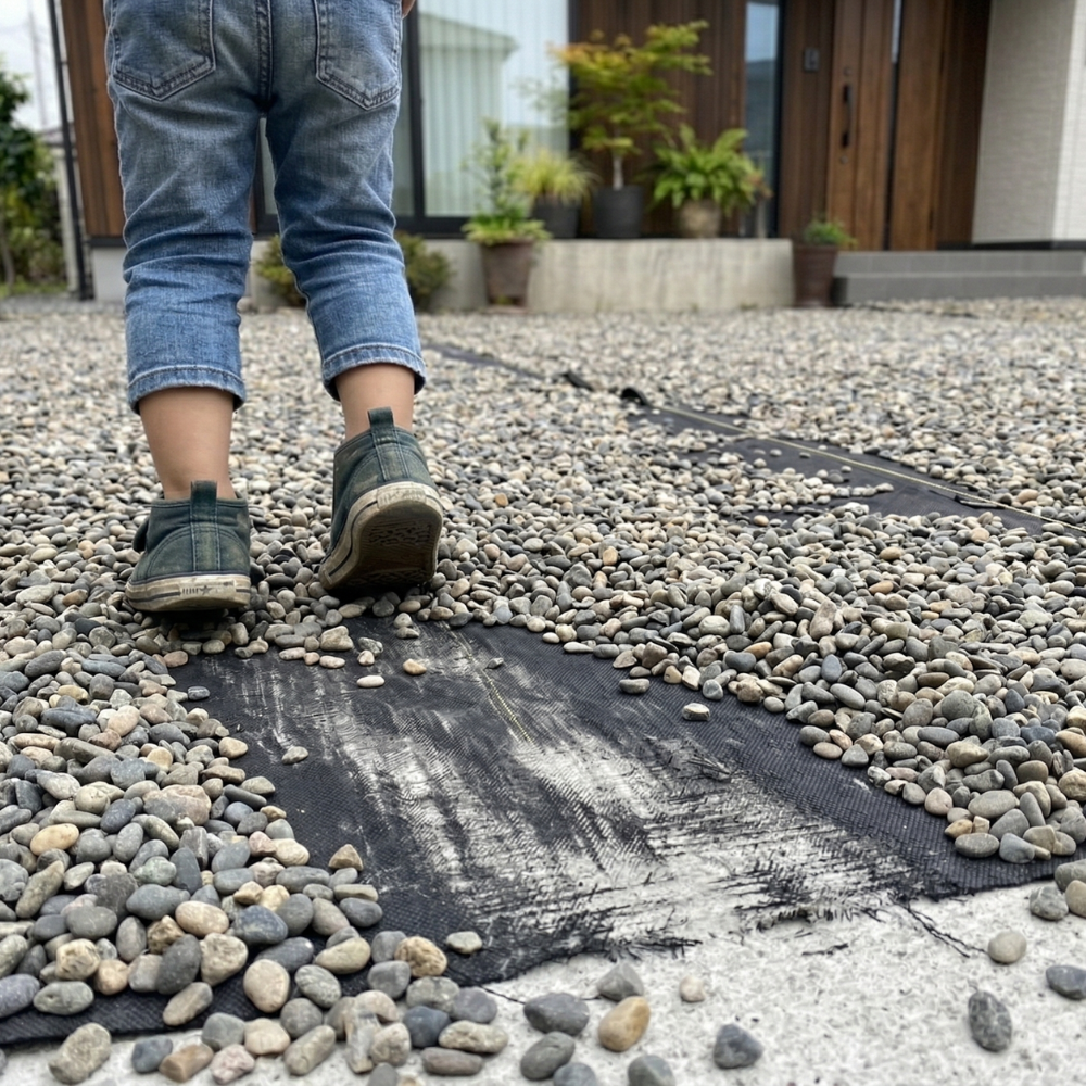 子どもの歩行で砂利が飛び散っている