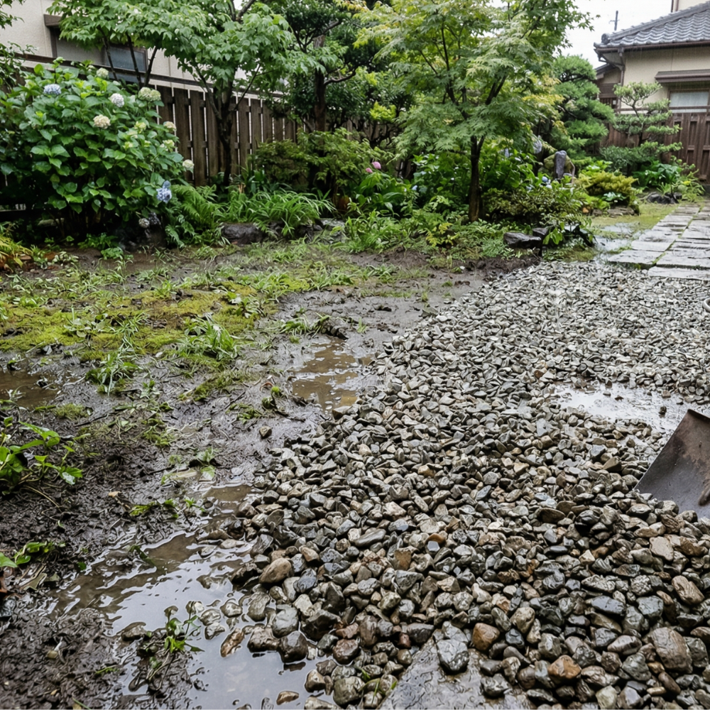 水はけが悪く、雑草対策前のぬかるみのある庭