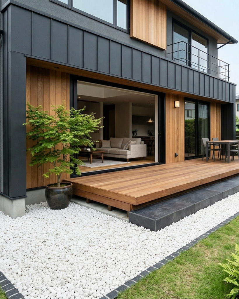 掃き出し窓からテラスに出ることができる高級な雰囲気の戸建てと犬走