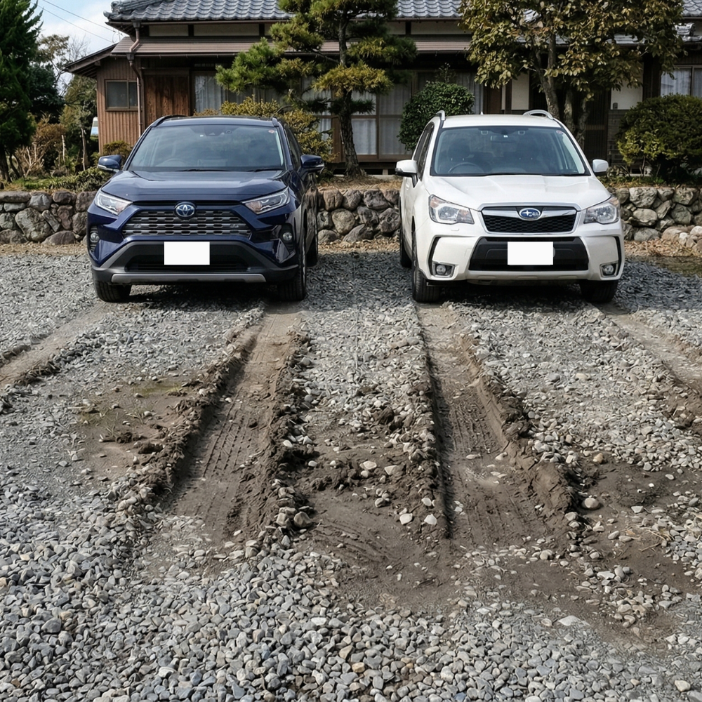 タイヤ痕で凹んだ地面と散らばった砂利