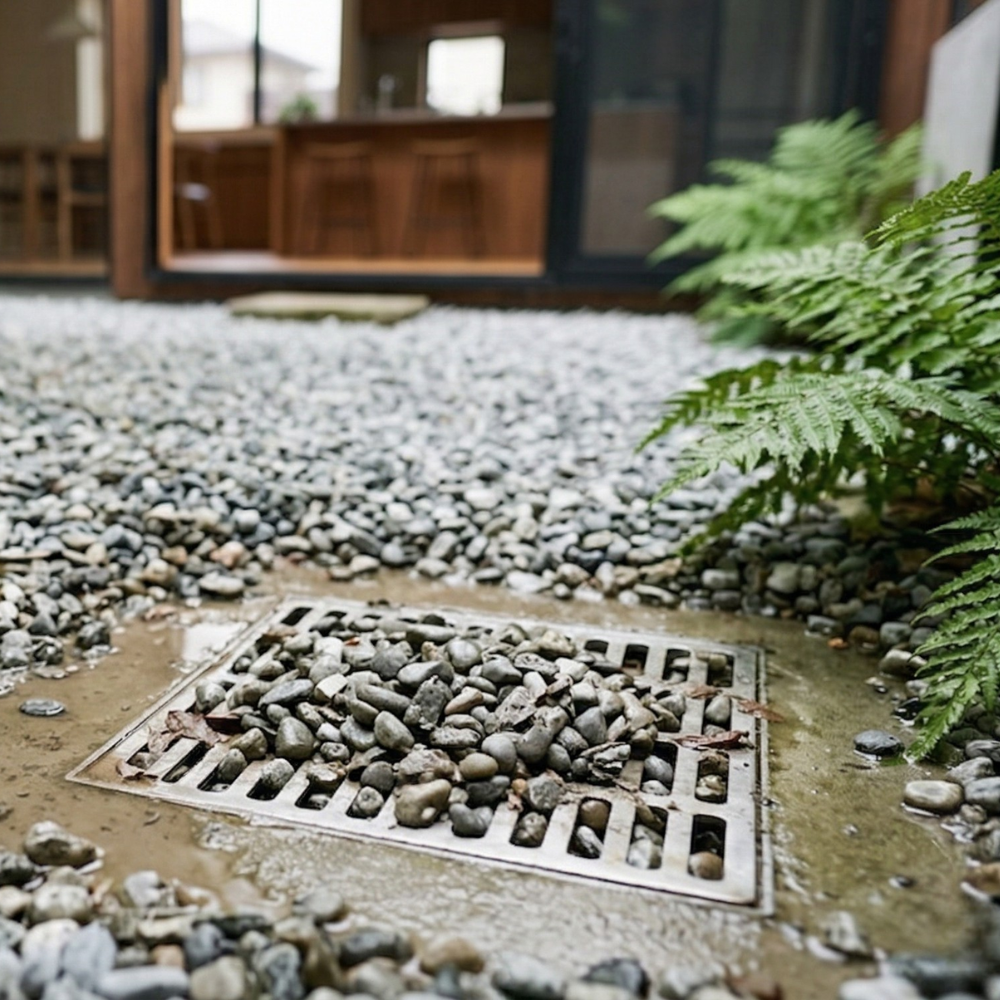 排水溝に詰まった砂利