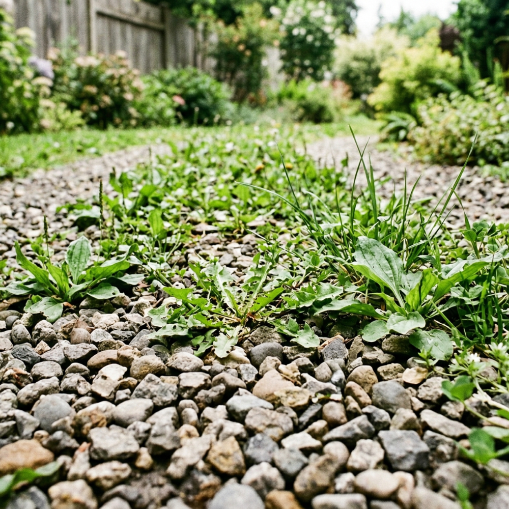 砂利の中から雑草が出ている庭