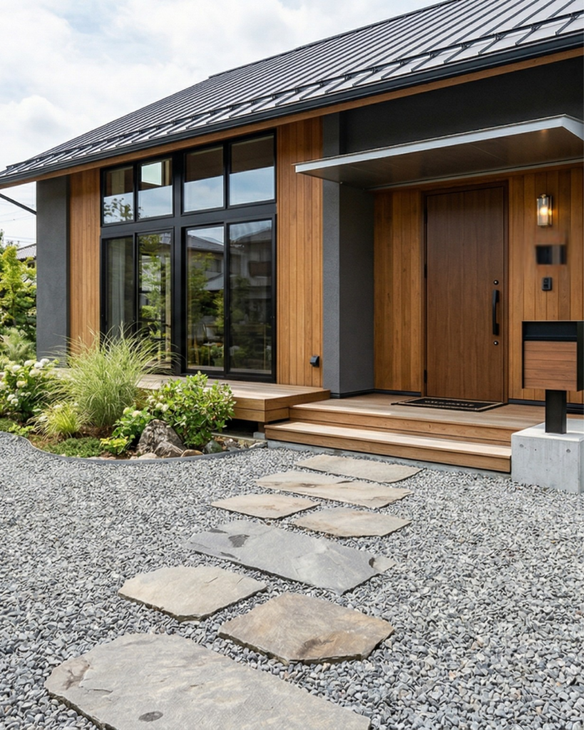 玄関前のアプローチを飛び石と砂利でデザインした戸建て