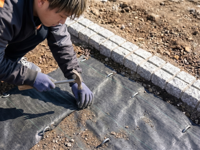 庭にタイルを置くだけDIYのため防草シートを張る作業
