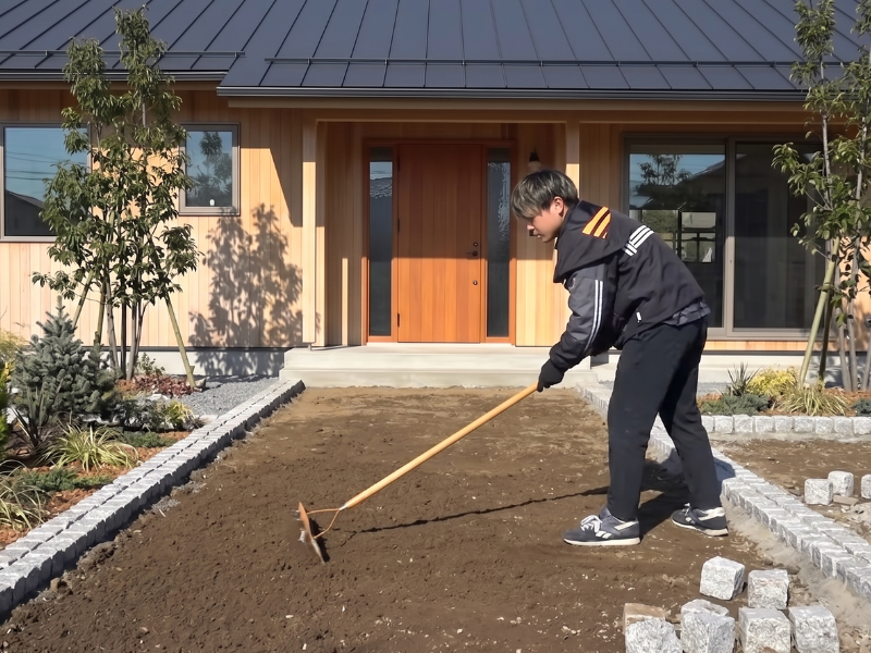 庭にタイルを置くだけDIYの下準備で土を整えている作業