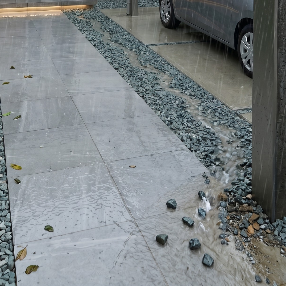 雨で砂利が流れているアプローチ