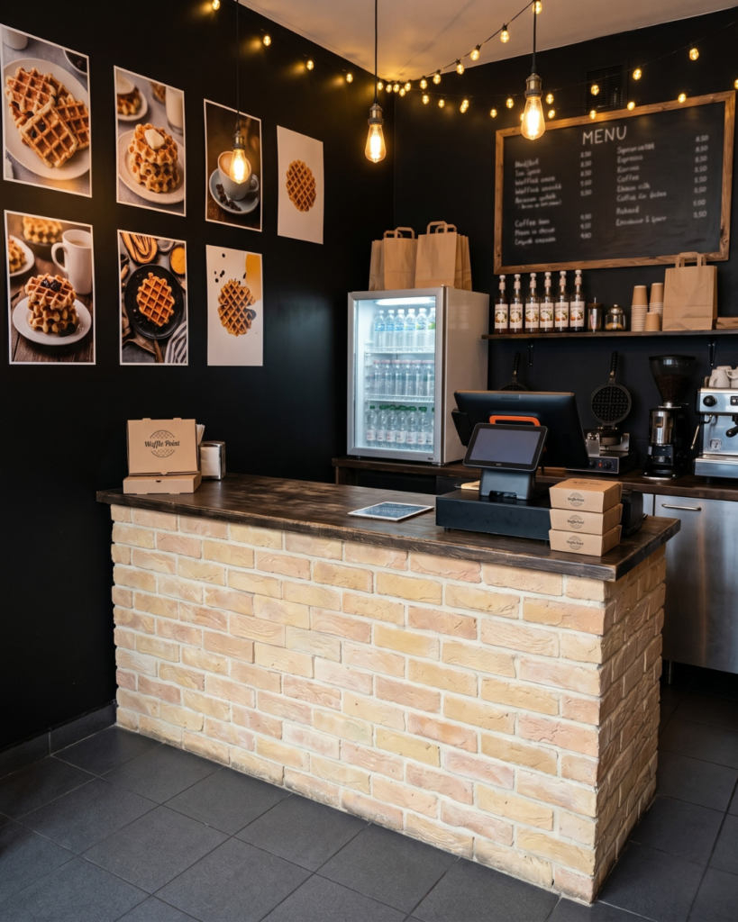 カフェ店舗のカウンターに貼ったアンティークレンガの施工実例