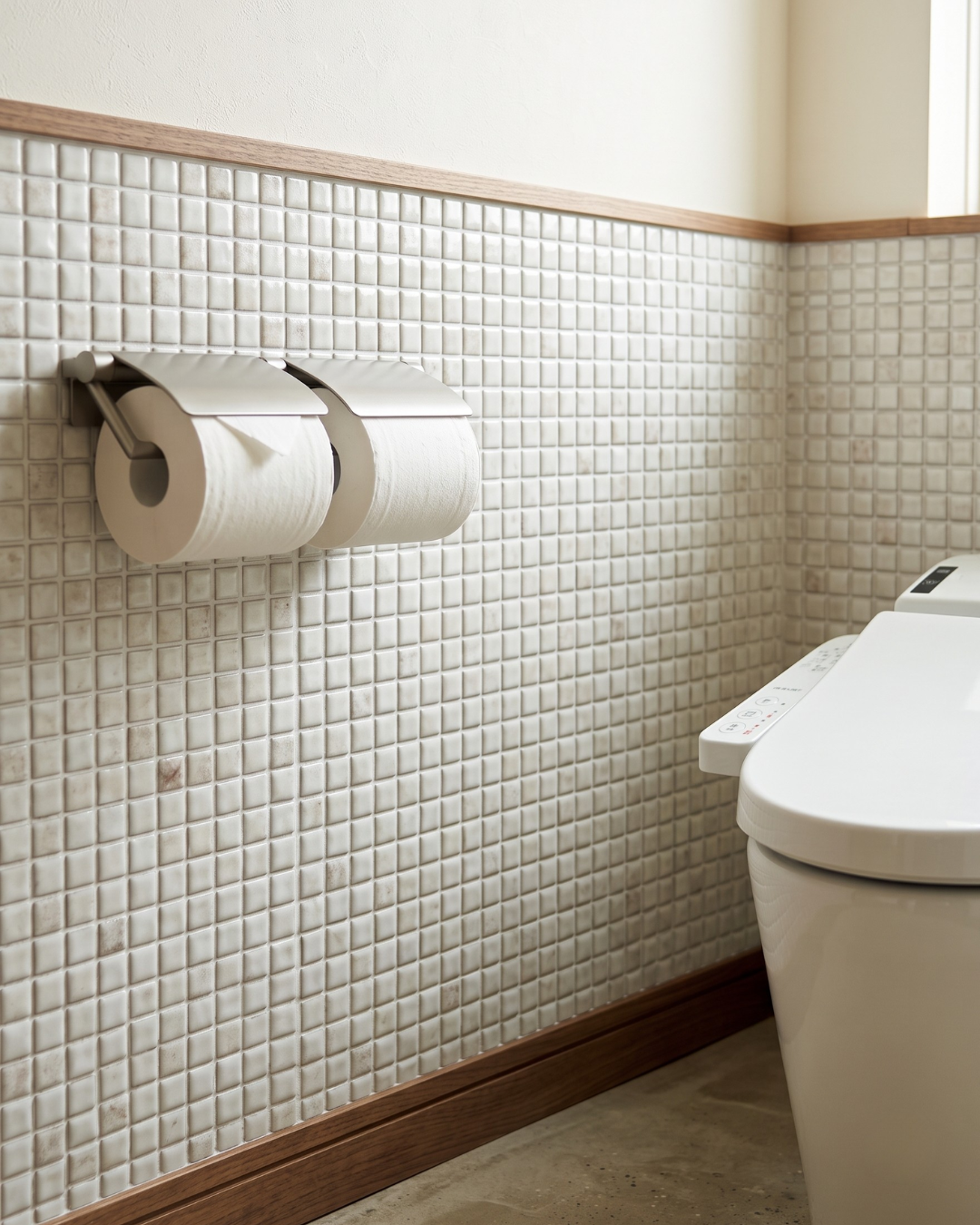 シールタイプのタイルを貼ったトイレ腰壁