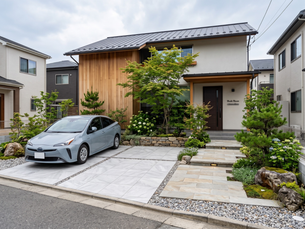 駐車場対応タイル舗石タイルを使用した戸建て